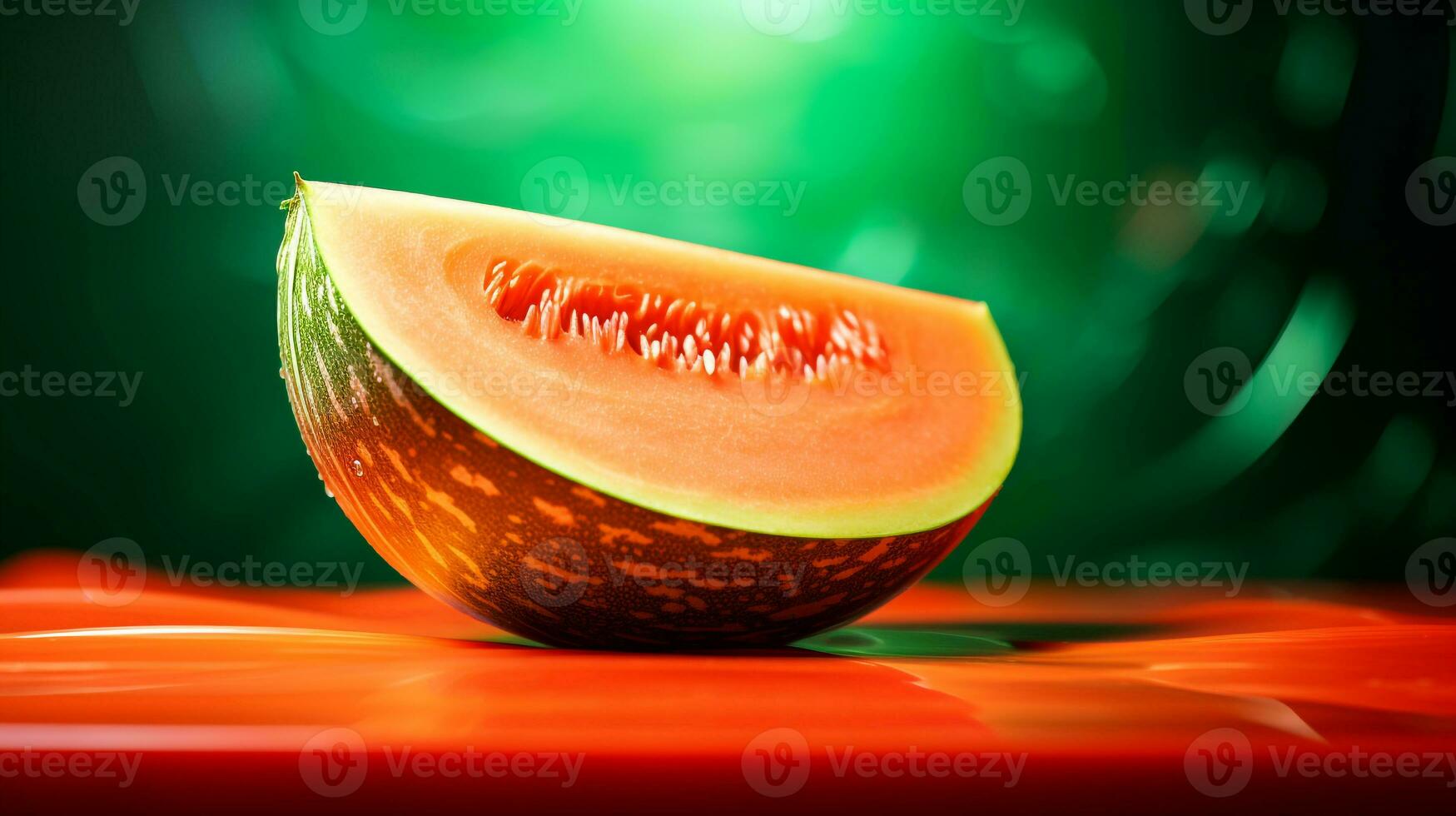 Photo of Melon fruit half against a colorful abstract background. Generative AI