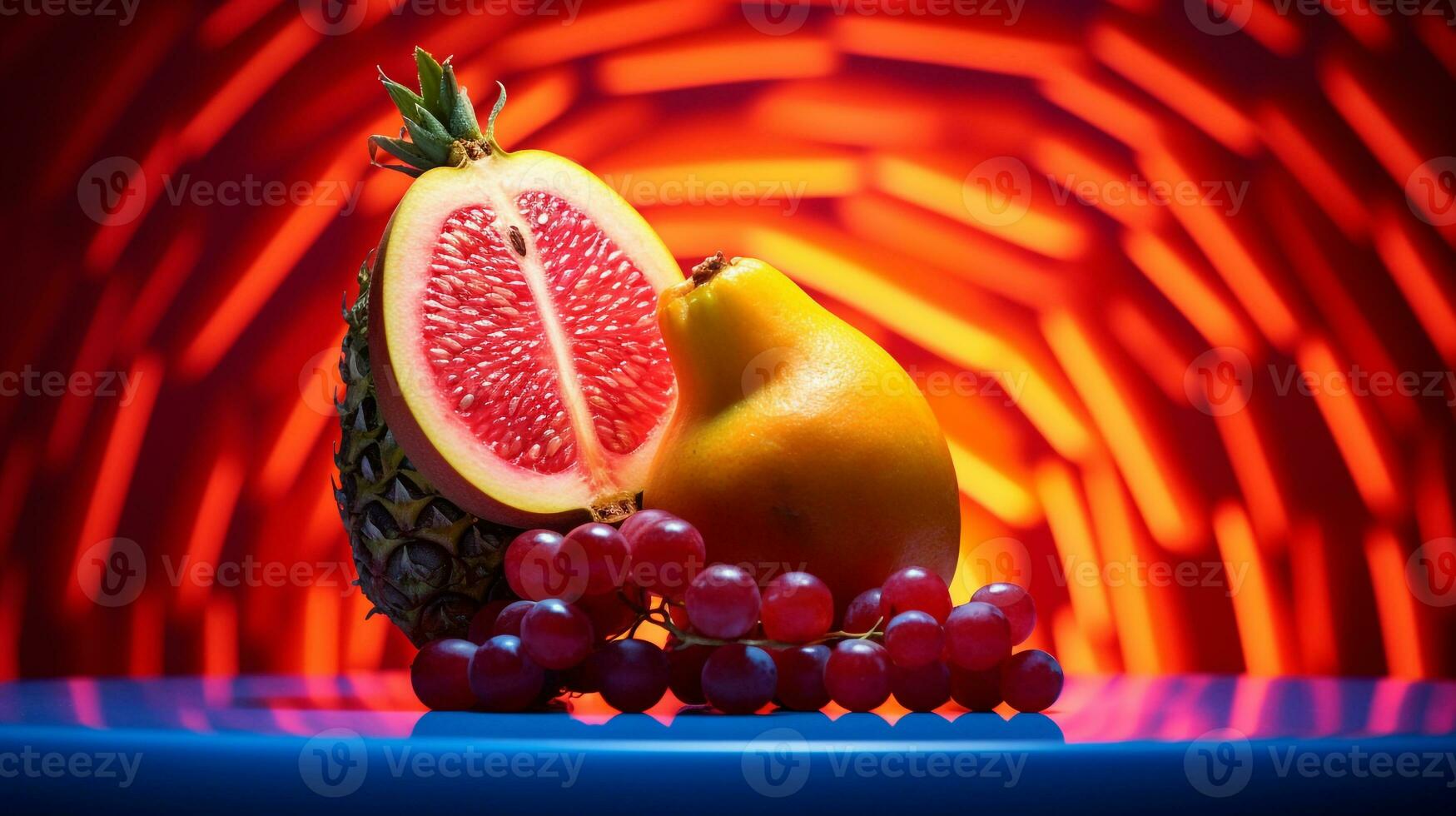 Photo of Mundu fruit half against a colorful abstract background. Generative AI