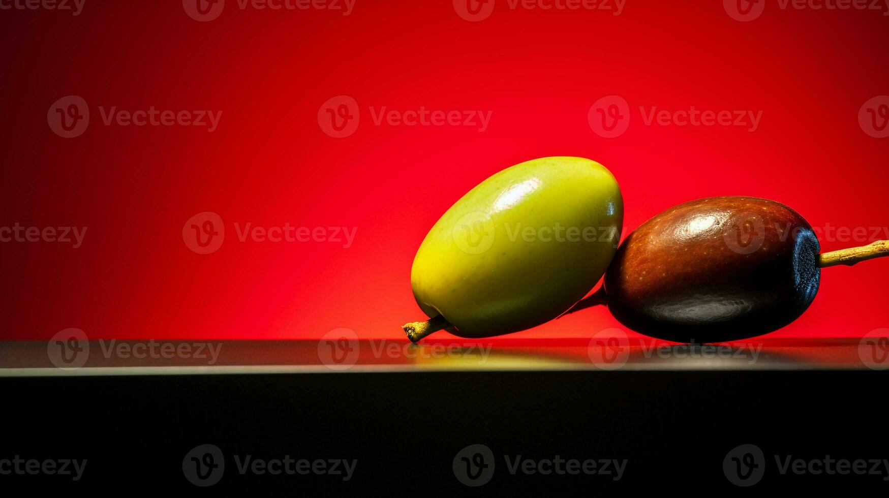 Photo of Olive fruit half against a colorful abstract background. Generative AI