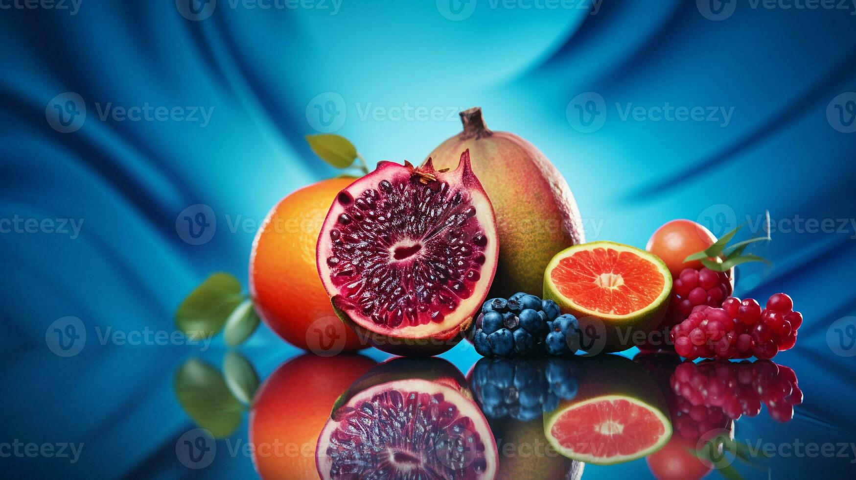 Photo of Mombin fruit half against a colorful abstract background. Generative AI