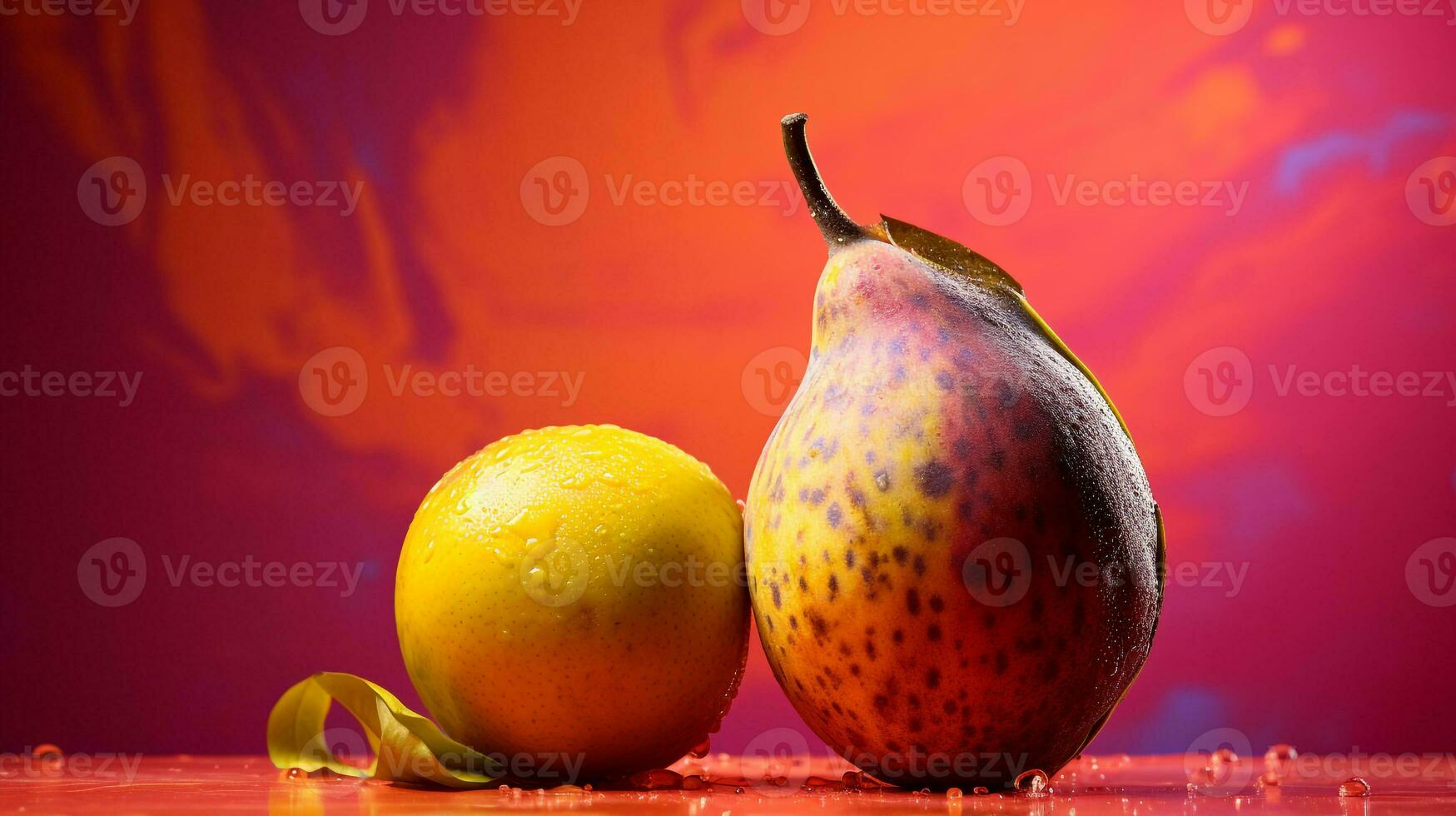 foto de mundu Fruta medio en contra un vistoso resumen antecedentes. generativo ai