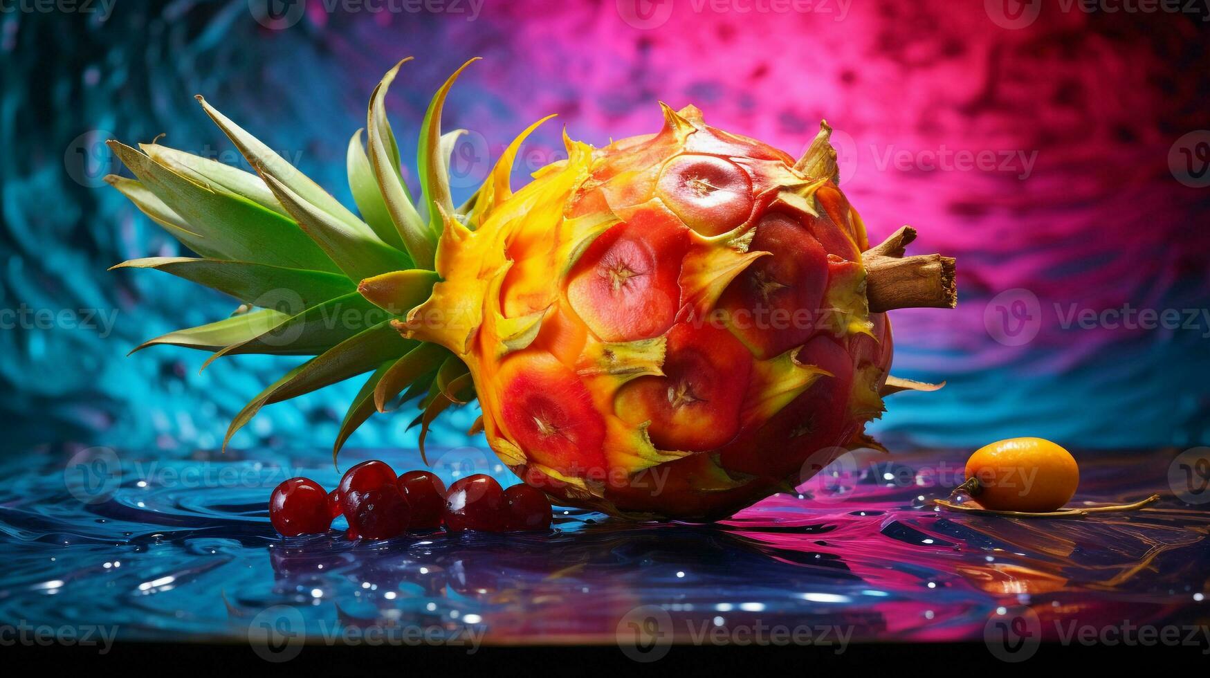 Photo of Mundu fruit half against a colorful abstract background. Generative AI