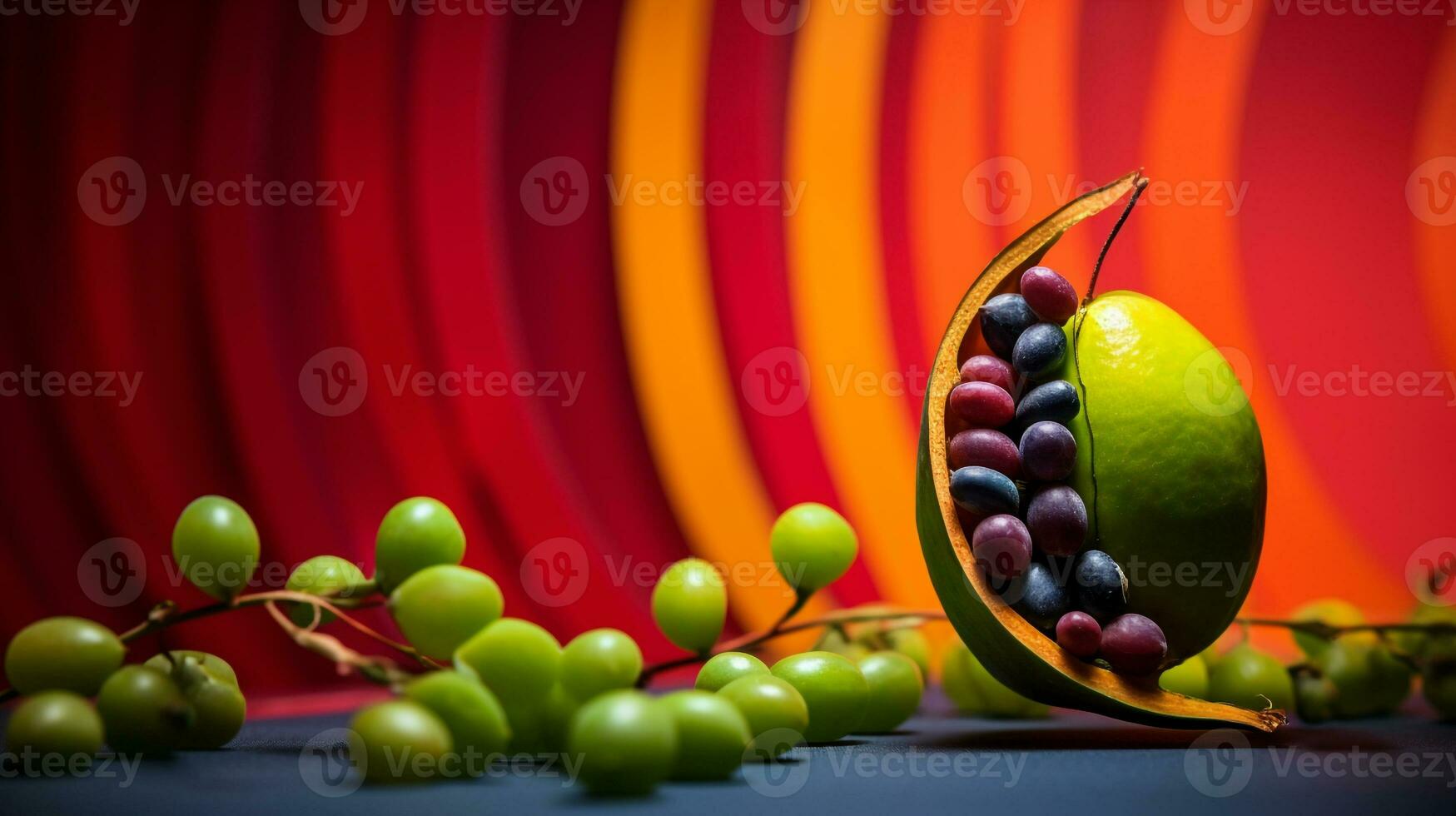 Photo of Moringa fruit half against a colorful abstract background. Generative AI