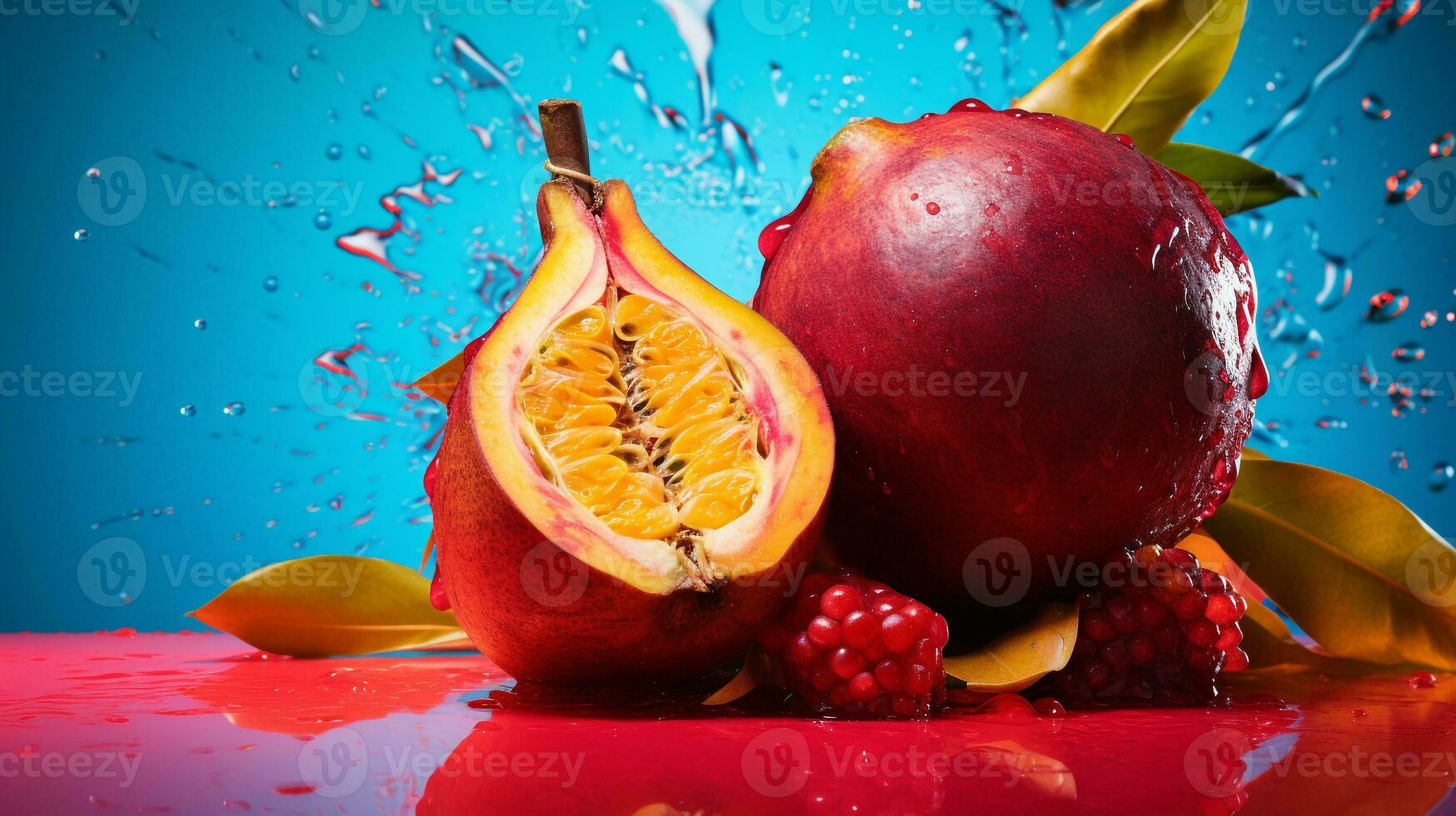 Photo of Nam nama fruit half against a colorful abstract background. Generative AI