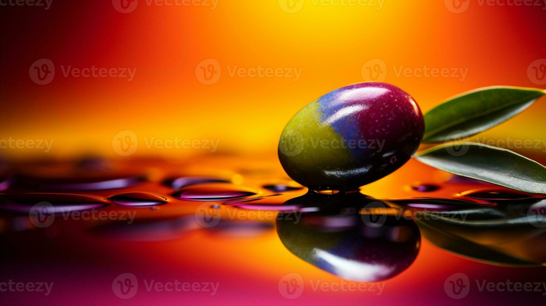 Photo of Olive fruit half against a colorful abstract background. Generative AI
