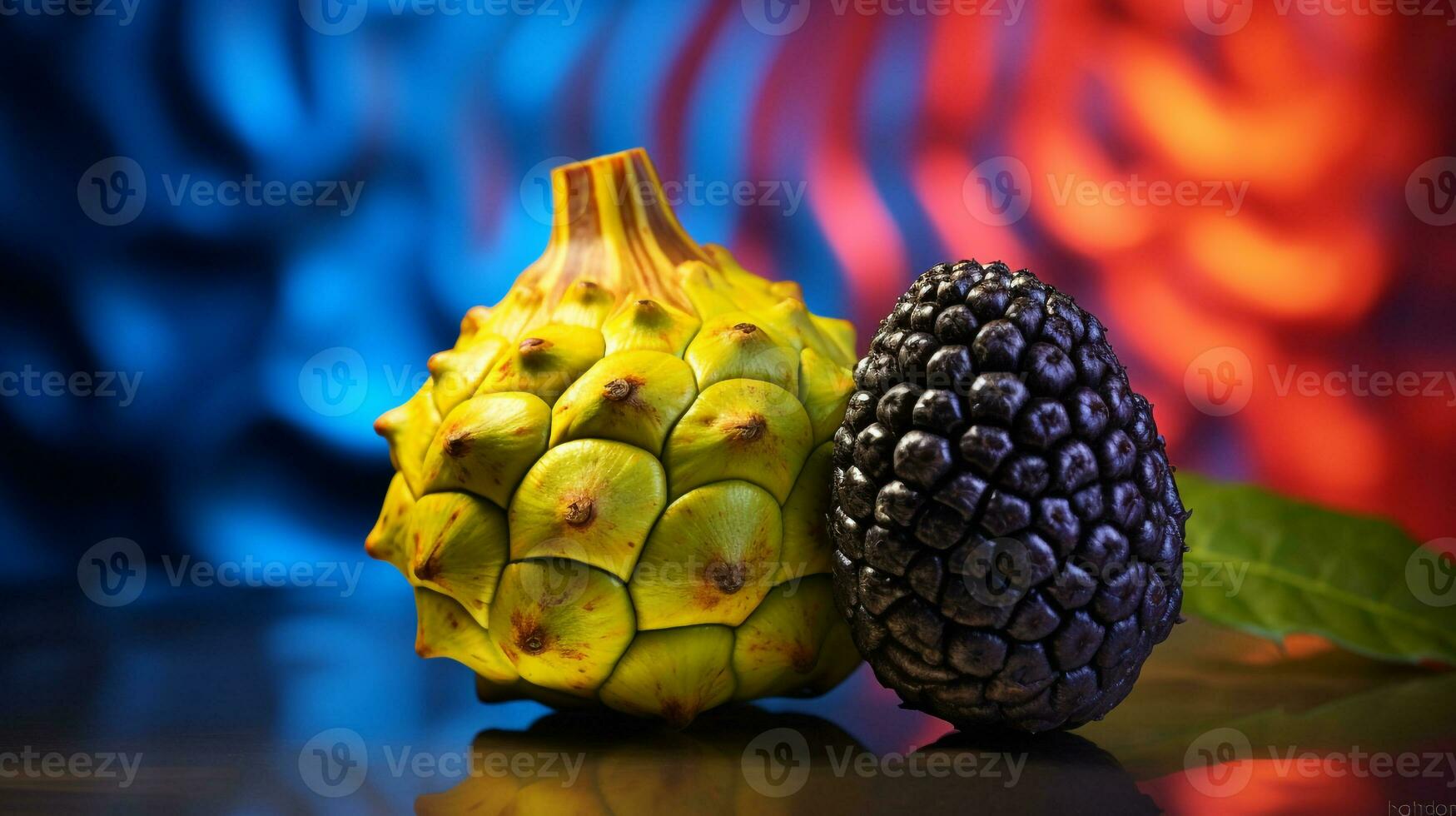 Photo of Noni fruit half against a colorful abstract background. Generative AI