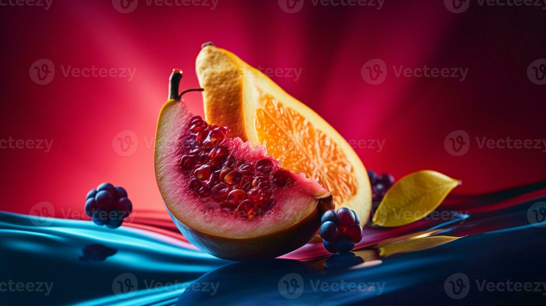 Photo of Mombin fruit half against a colorful abstract background. Generative AI