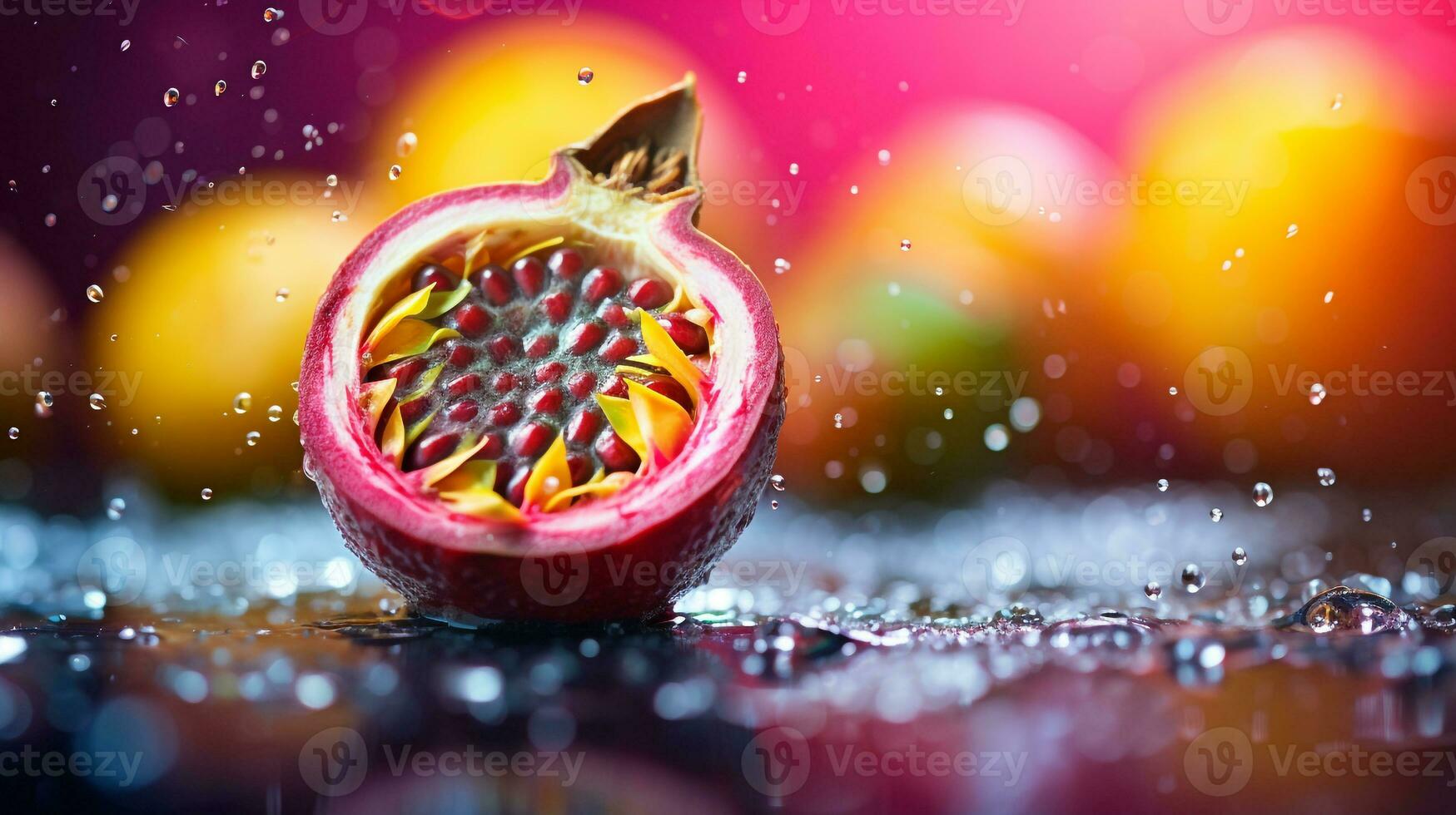 Photo of Maracuja fruit half against a colorful abstract background. Generative AI