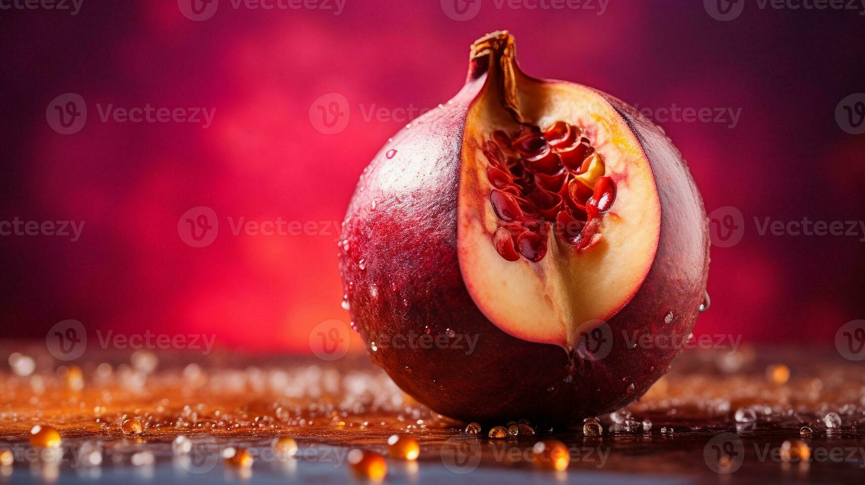 Photo of Mangosteen fruit half against a colorful abstract background. Generative AI