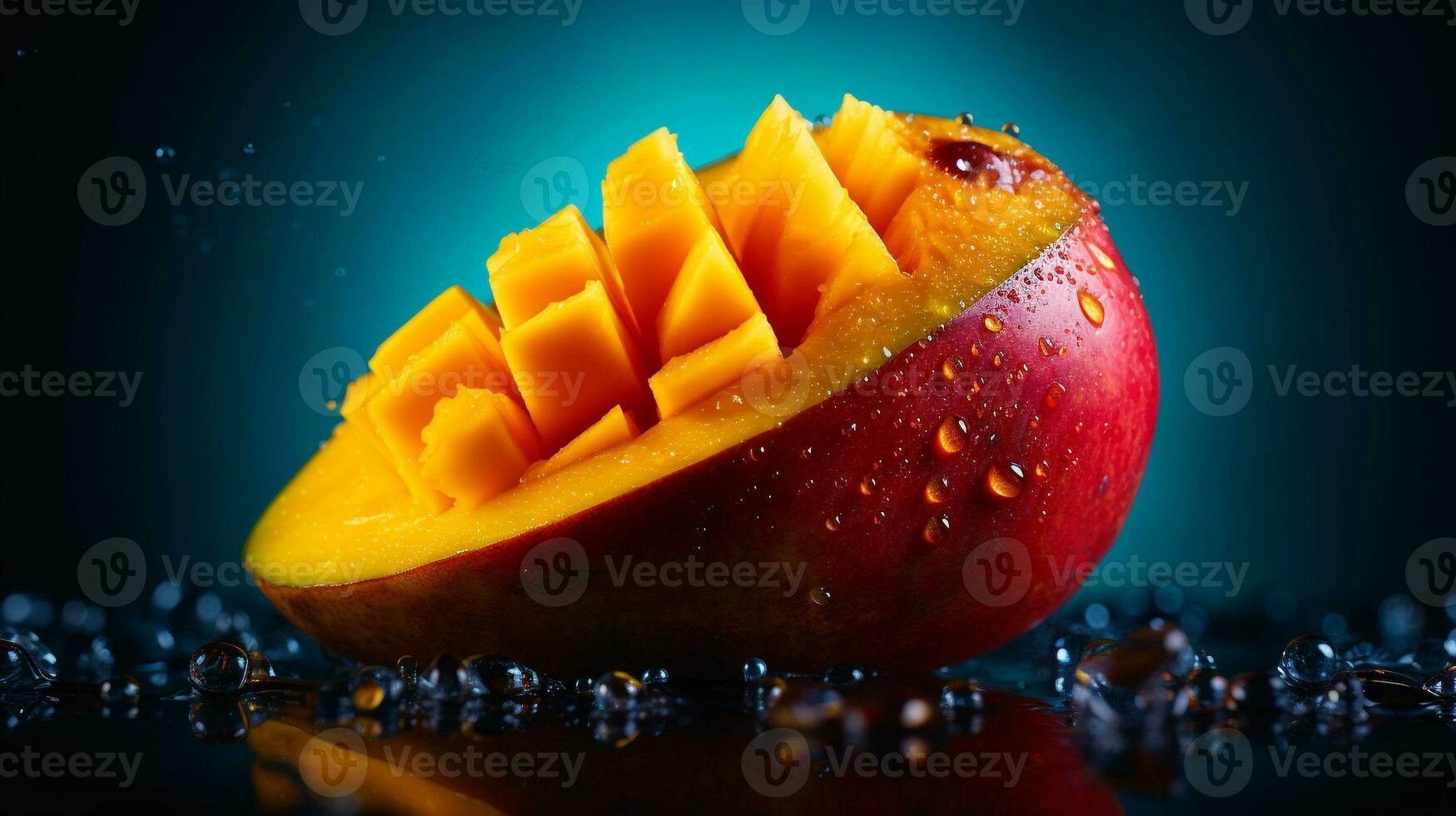 foto de mango Fruta medio en contra un vistoso resumen antecedentes. generativo ai