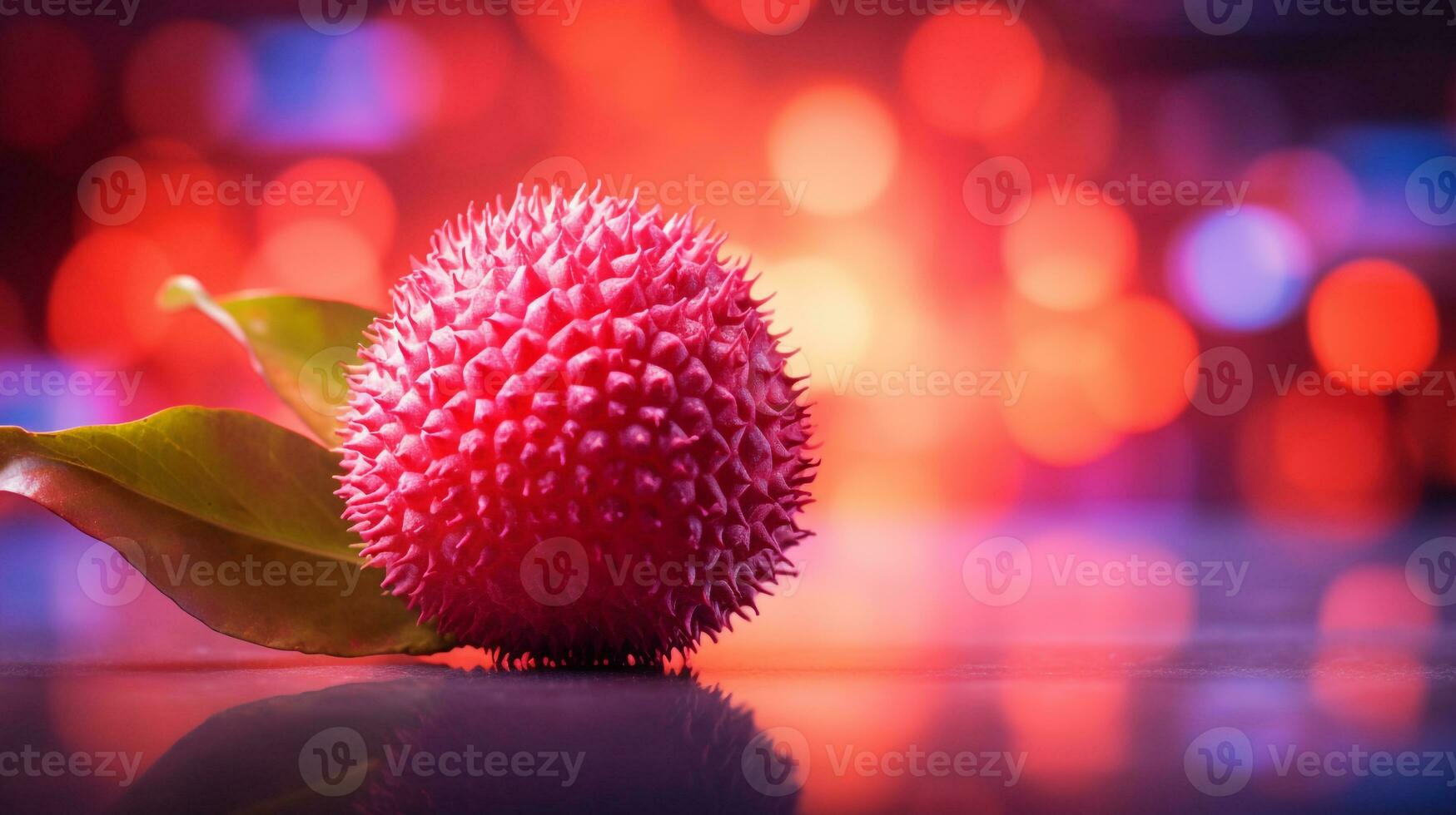 Photo of Lychee fruit half against a colorful abstract background. Generative AI