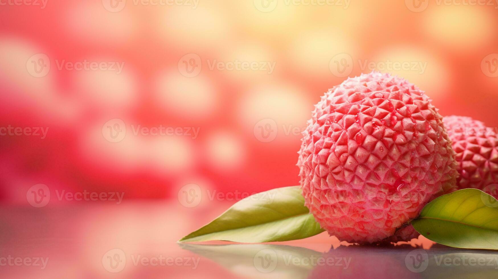 Photo of Lychee fruit half against a colorful abstract background. Generative AI