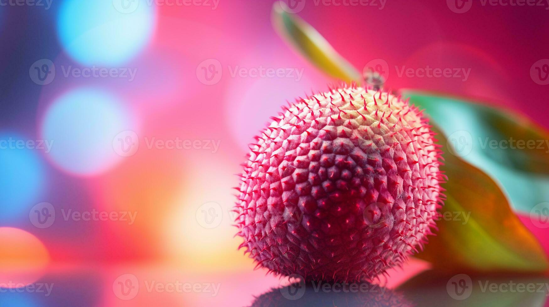 Photo of Lychee fruit half against a colorful abstract background. Generative AI