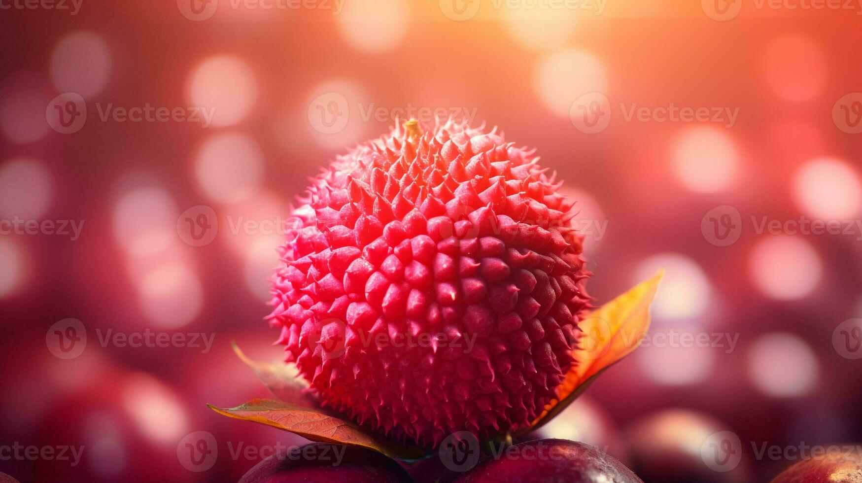 Photo of Lychee fruit half against a colorful abstract background. Generative AI