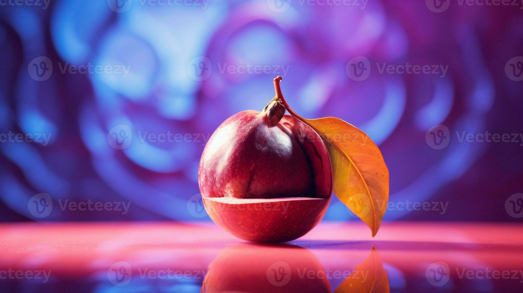 Photo of Mangosteen fruit half against a colorful abstract background. Generative AI