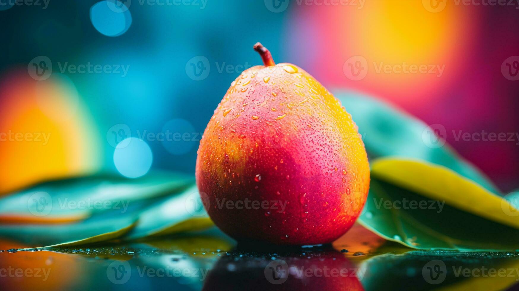 Photo of Mango fruit half against a colorful abstract background. Generative AI