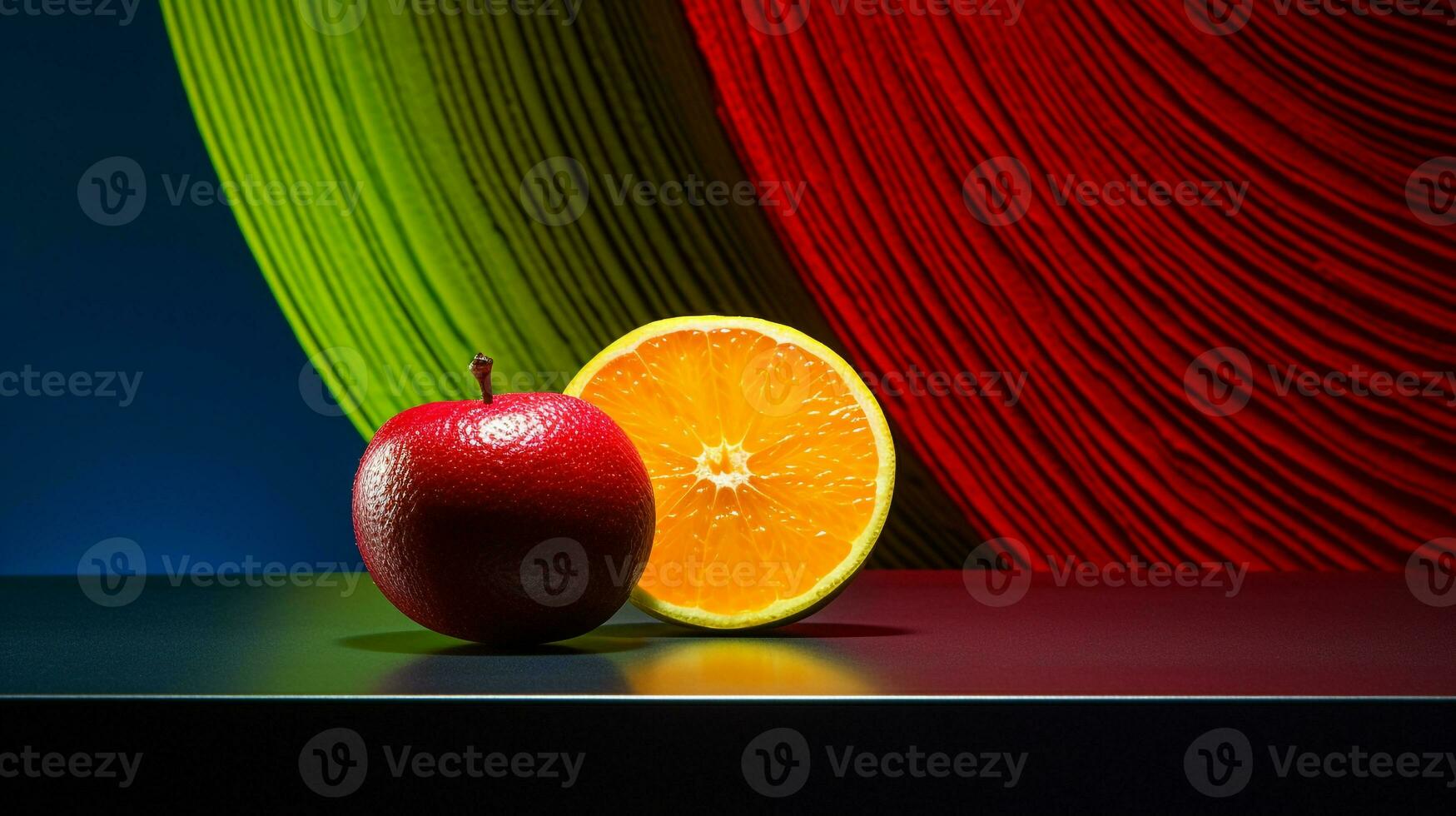 Photo of Kiwamo fruit half against a colorful abstract background. Generative AI