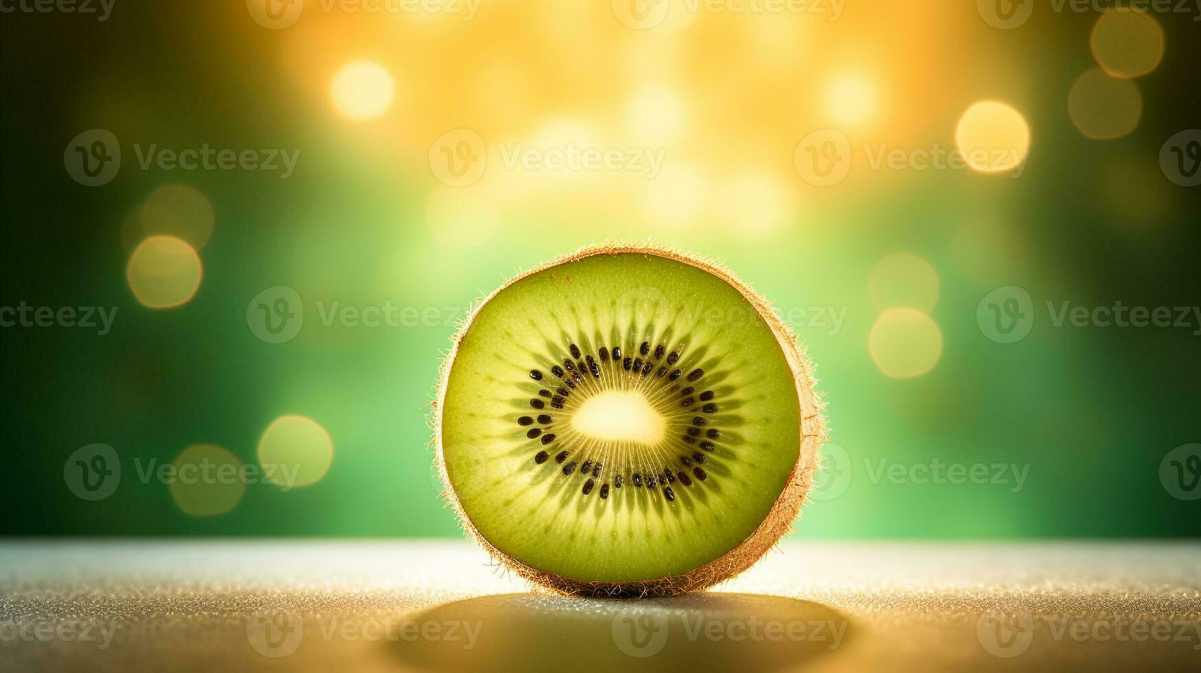 Photo of Kiwifruit half against a colorful abstract background. Generative AI