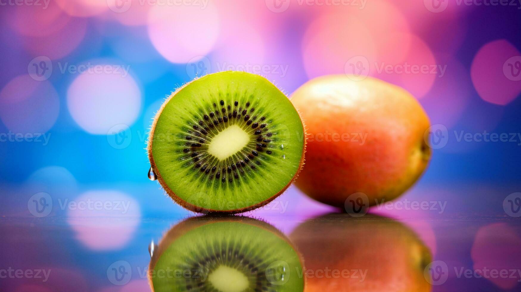 foto de kiwi Fruta medio en contra un vistoso resumen antecedentes. generativo ai