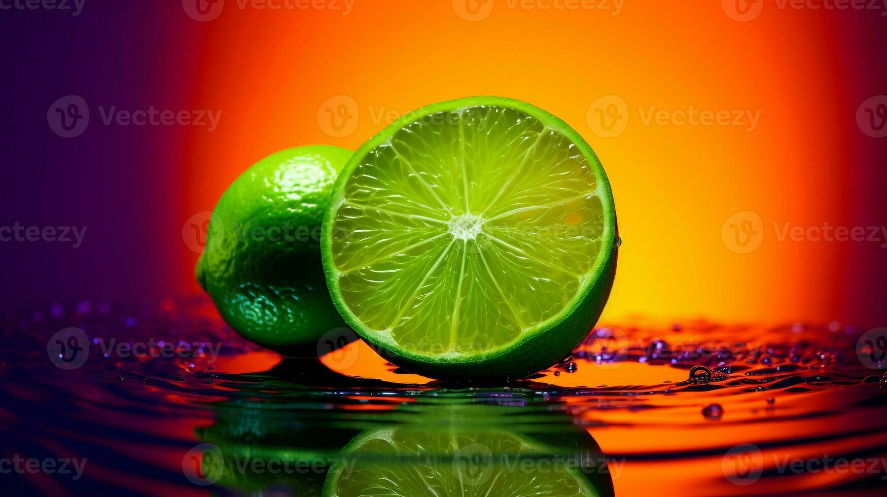 Photo of Lime fruit half against a colorful abstract background. Generative AI