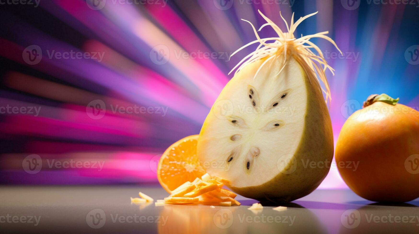 Photo of Jicama fruit half against a colorful abstract background. Generative AI