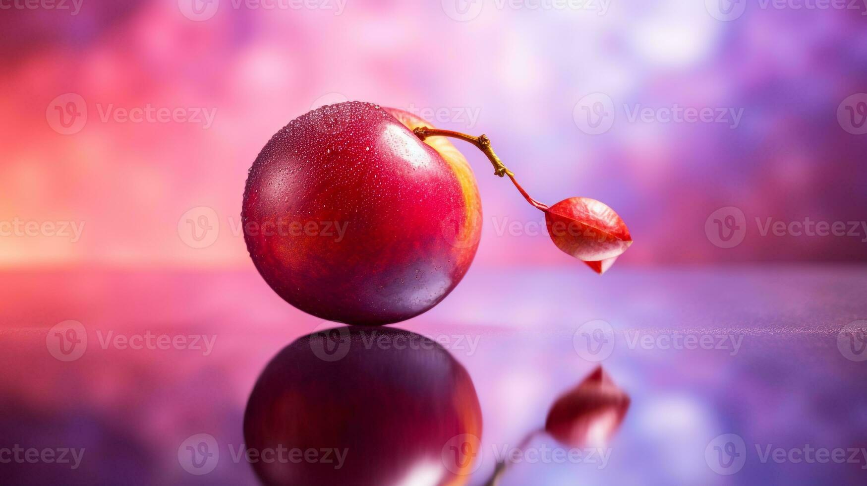 Photo of Japanese plum fruit half against a colorful abstract background. Generative AI