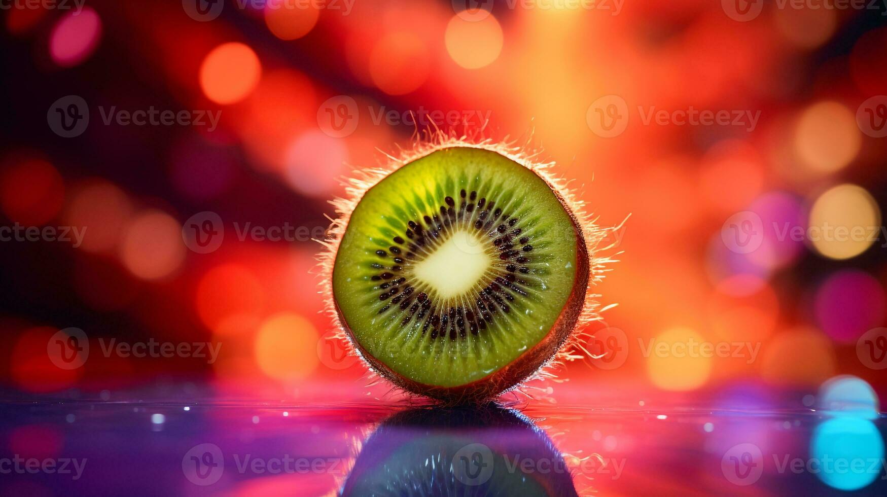 foto de kiwi Fruta medio en contra un vistoso resumen antecedentes. generativo ai