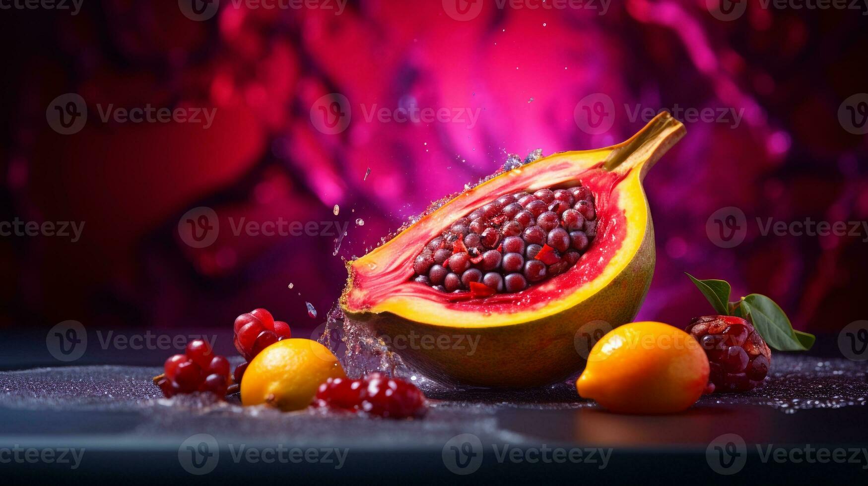 Photo of Jamblang fruit half against a colorful abstract background. Generative AI