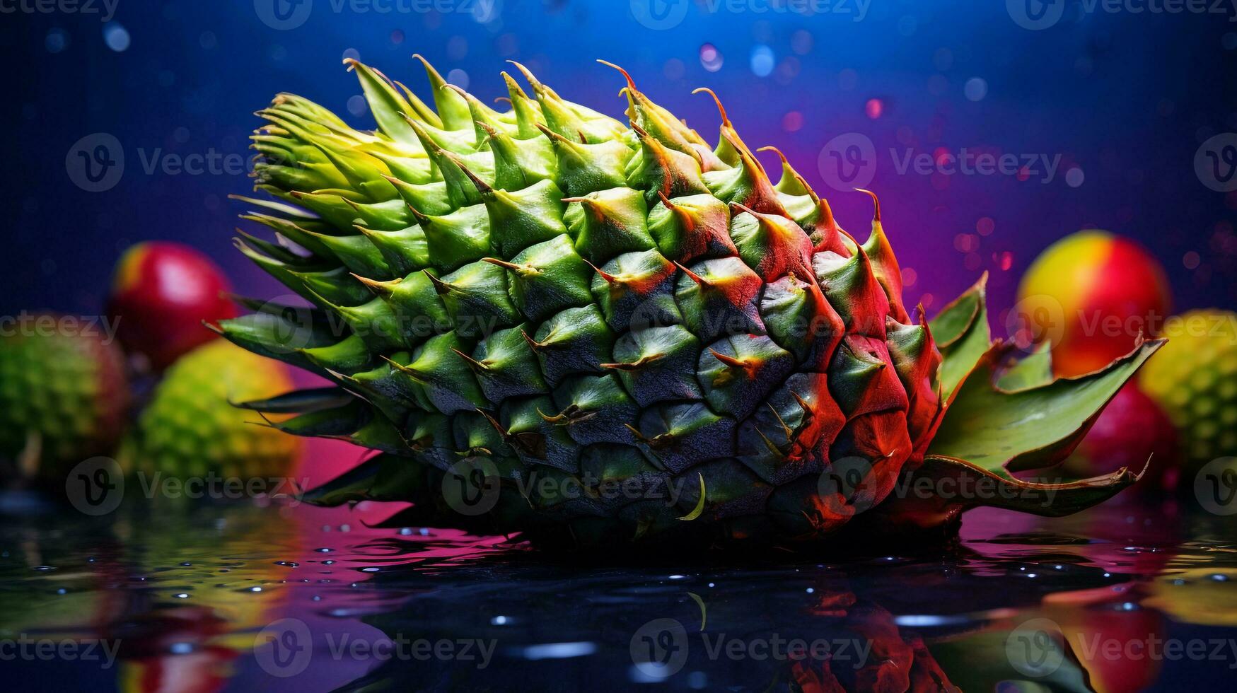 Photo of Guanabana fruit half against a colorful abstract background. Generative AI