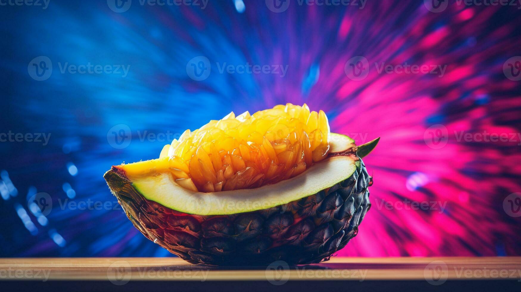 Photo of Jackfruit half against a colorful abstract background. Generative AI