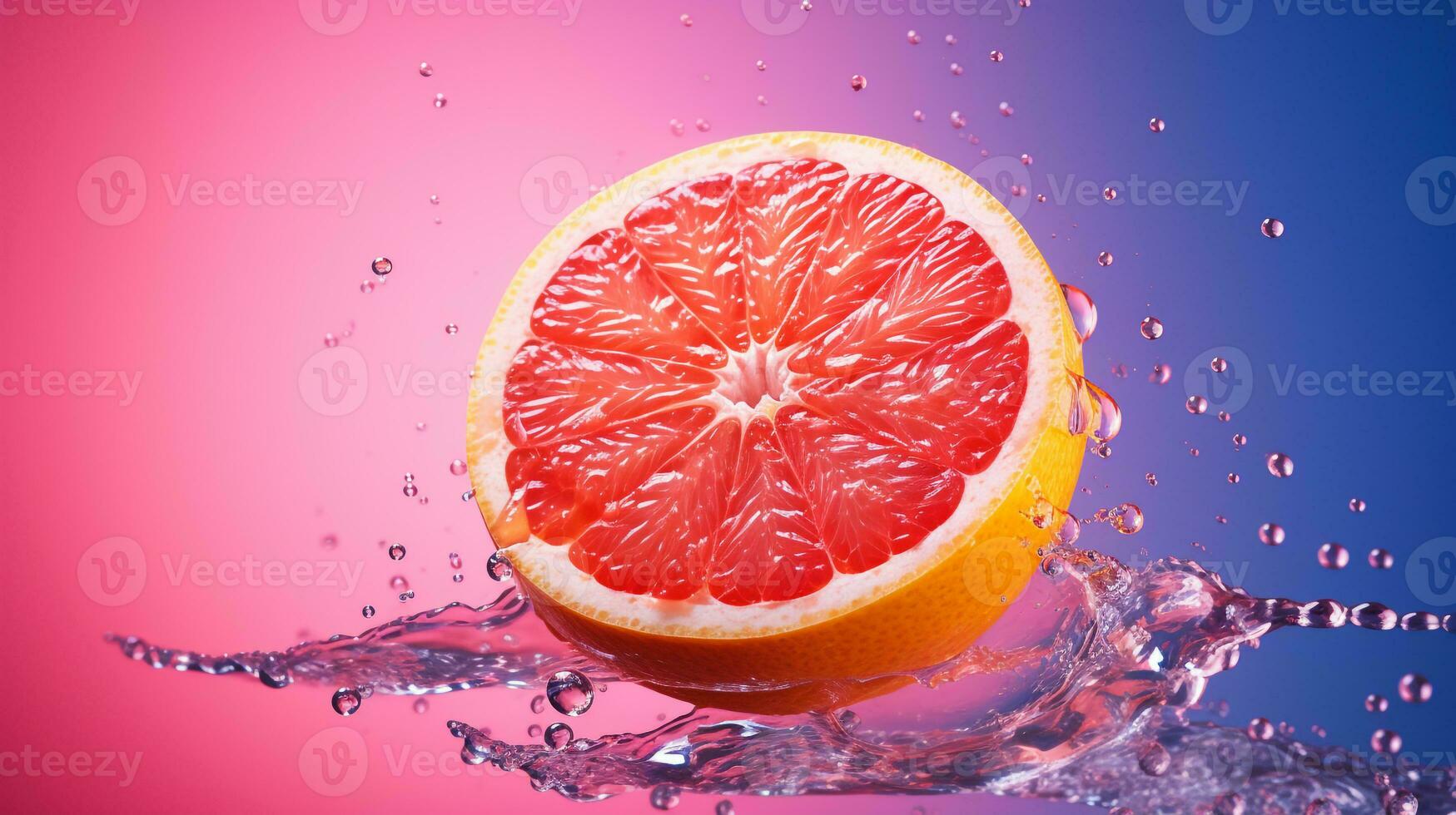 Photo of Grapefruit half against a colorful abstract background. Generative AI