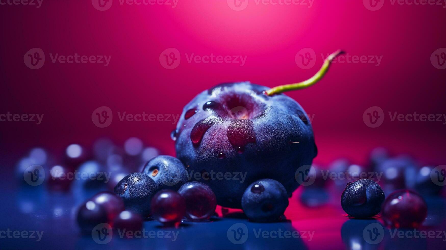 Photo of Huckleberry fruit half against a colorful abstract background. Generative AI