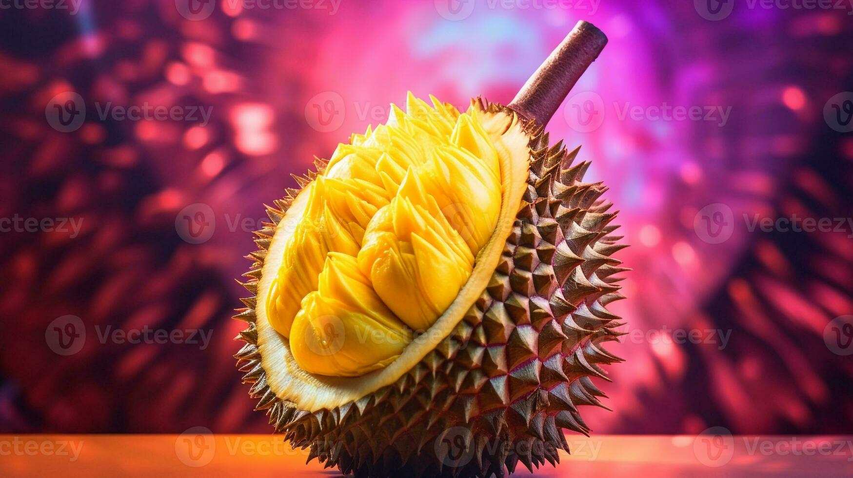 Photo of Durian fruit half against a colorful abstract background. Generative AI