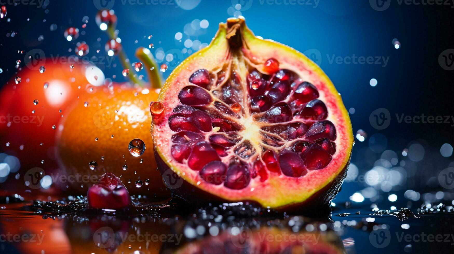 Photo of Erbis fruit half against a colorful abstract background. Generative AI