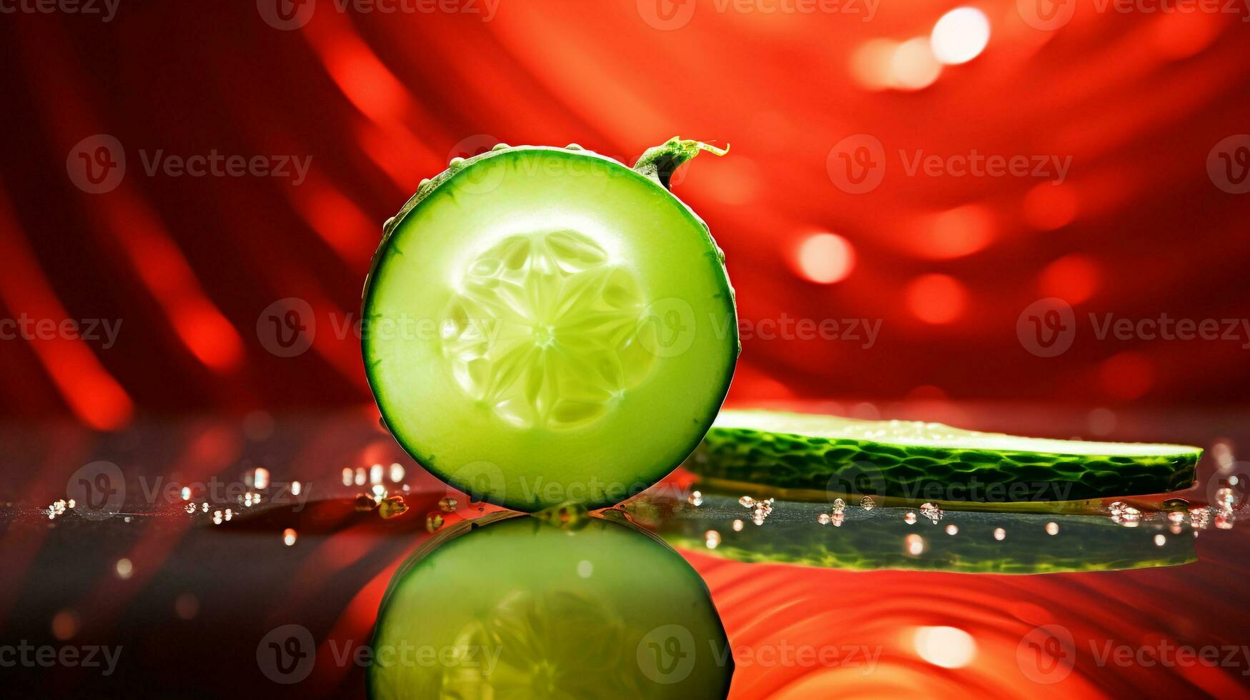 Photo of Cucumber fruit half against a colorful abstract background. Generative AI