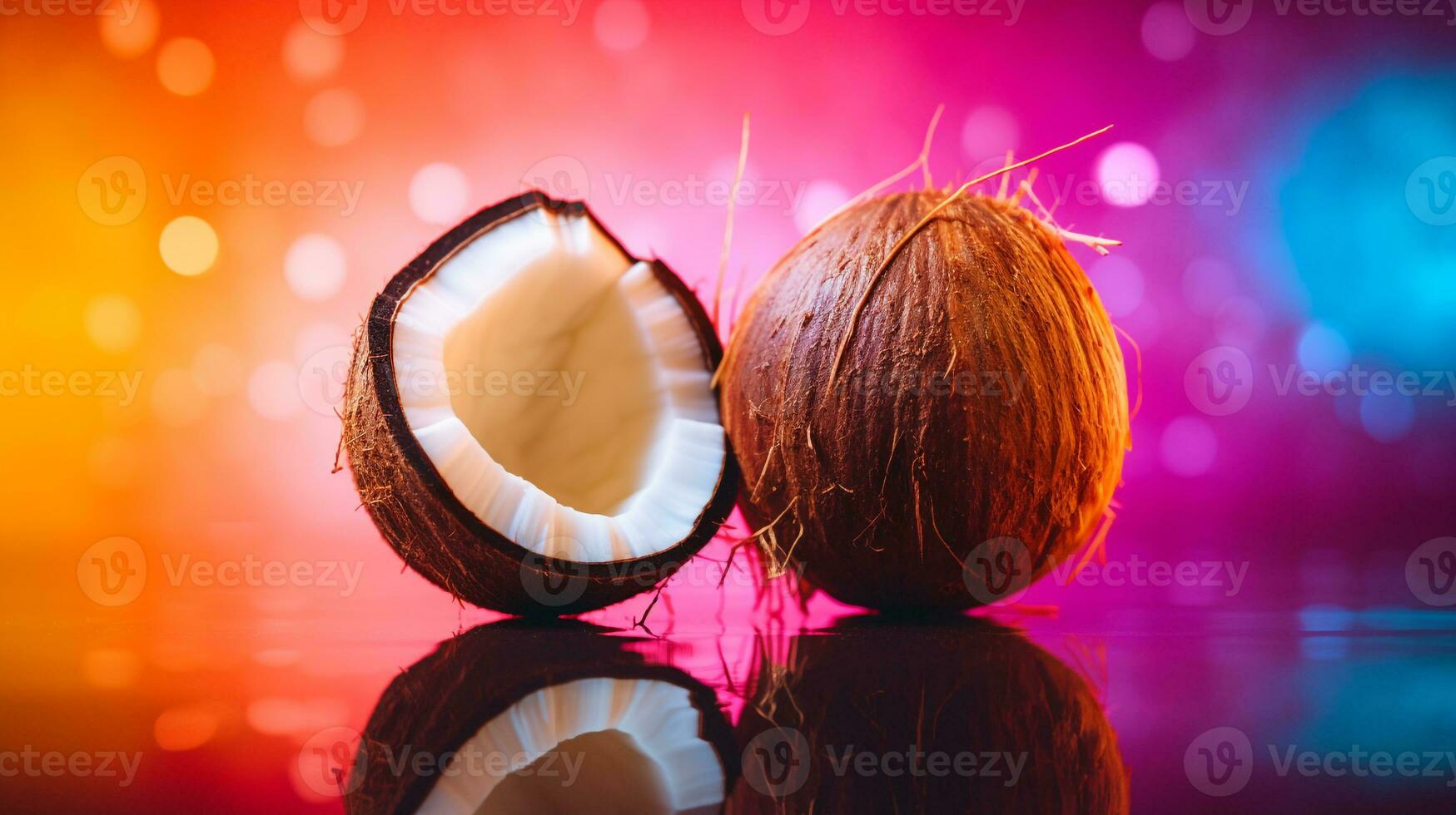 Photo of Coconut fruit half against a colorful abstract background. Generative AI