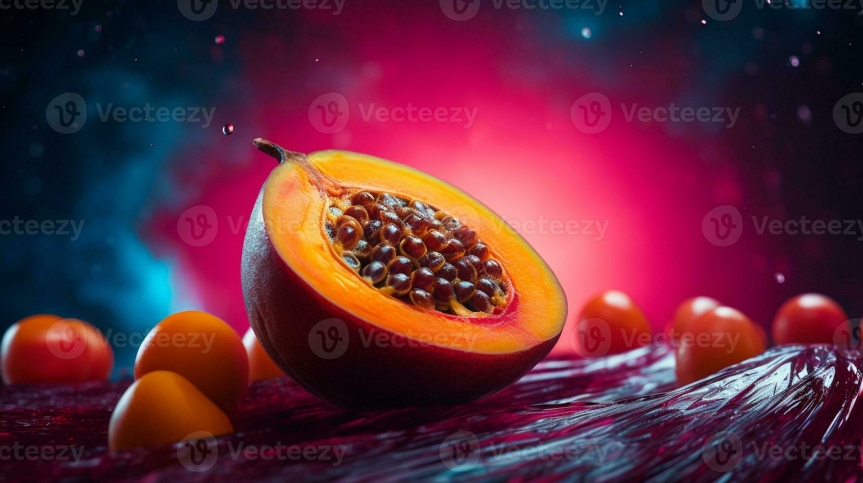 Photo of Cupuacu fruit half against a colorful abstract background. Generative AI