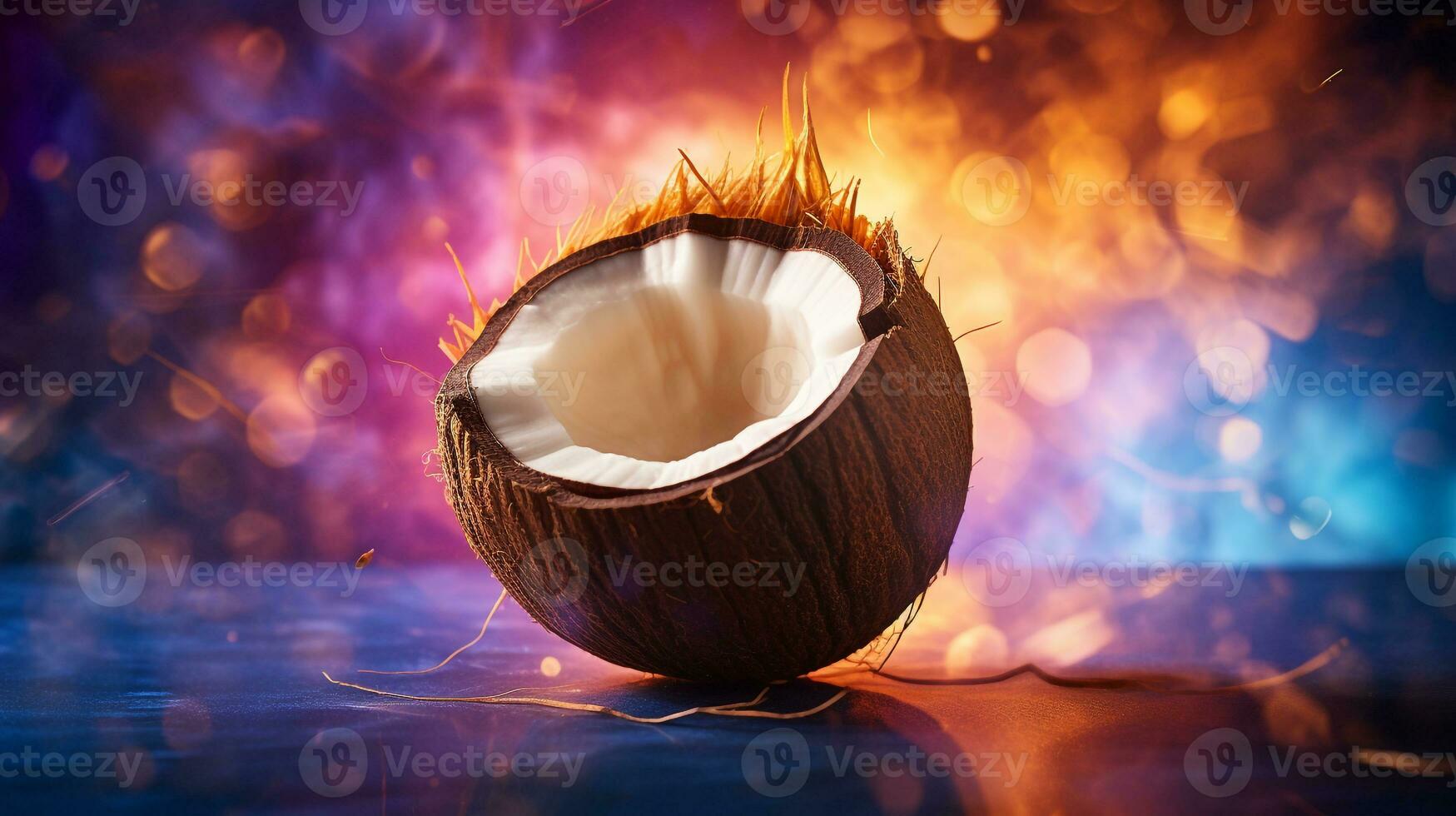 Photo of Coconut fruit half against a colorful abstract background. Generative AI