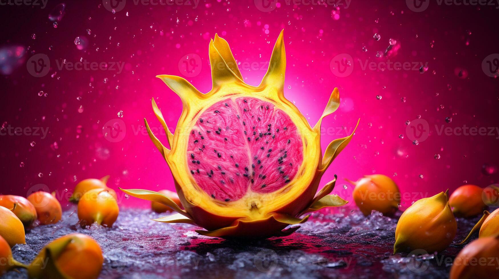 Photo of Dragon fruit half against a colorful abstract background. Generative AI