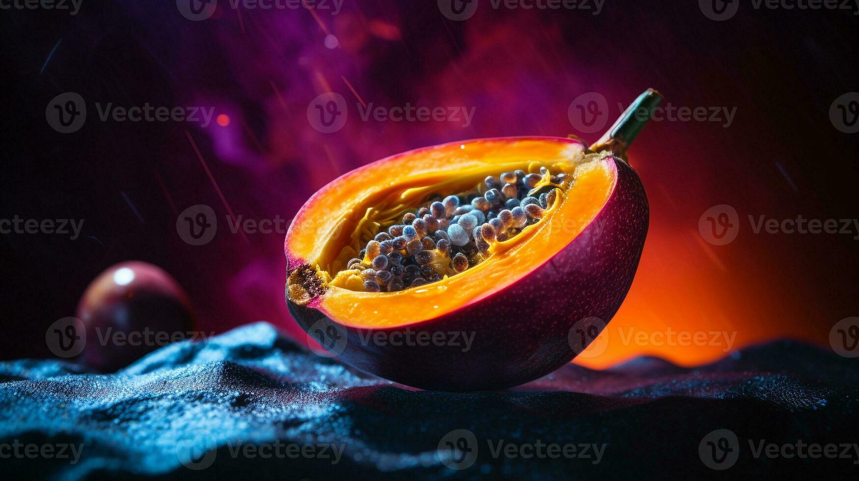 Photo of Duku fruit half against a colorful abstract background. Generative AI