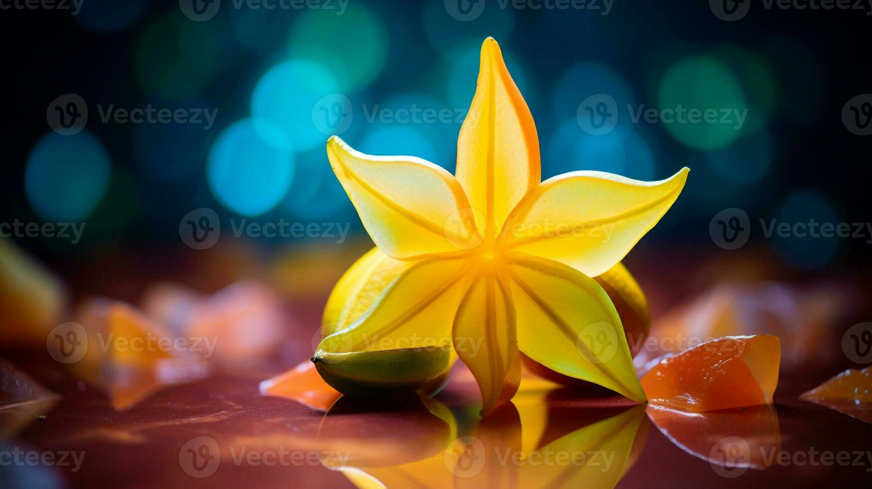 Photo of Carambola fruit half against a colorful abstract background. Generative AI