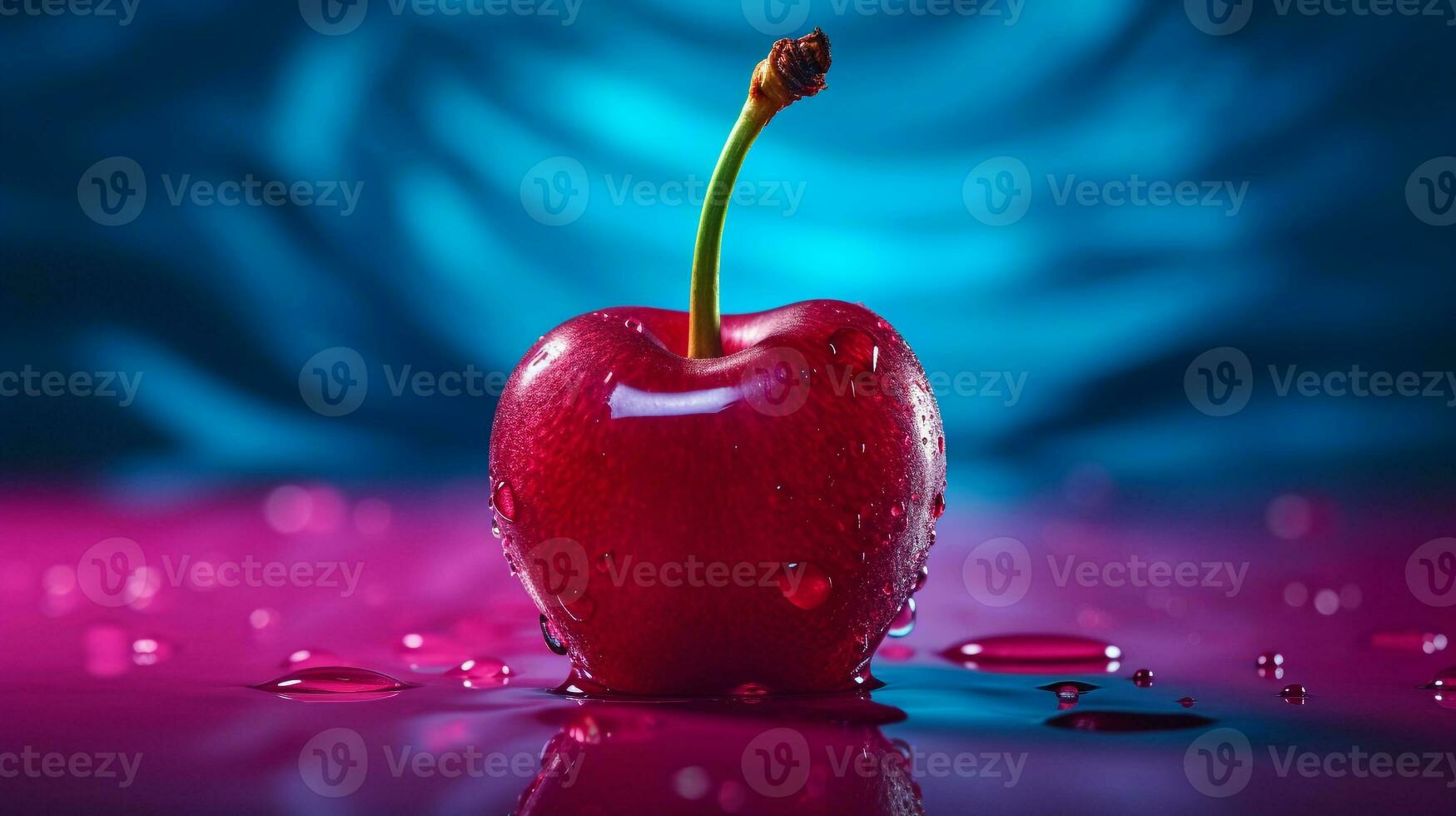 Photo of Cherry fruit half against a colorful abstract background. Generative AI