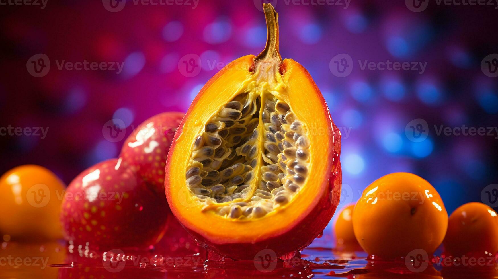 Photo of Chirimoya fruit half against a colorful abstract background. Generative AI