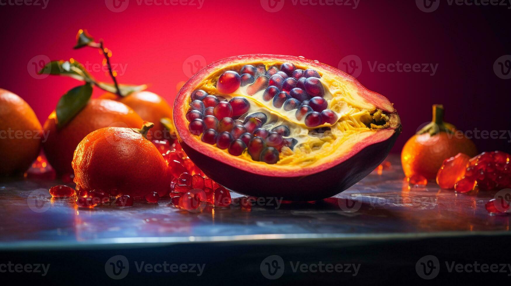 Photo of Canistel fruit half against a colorful abstract background. Generative AI