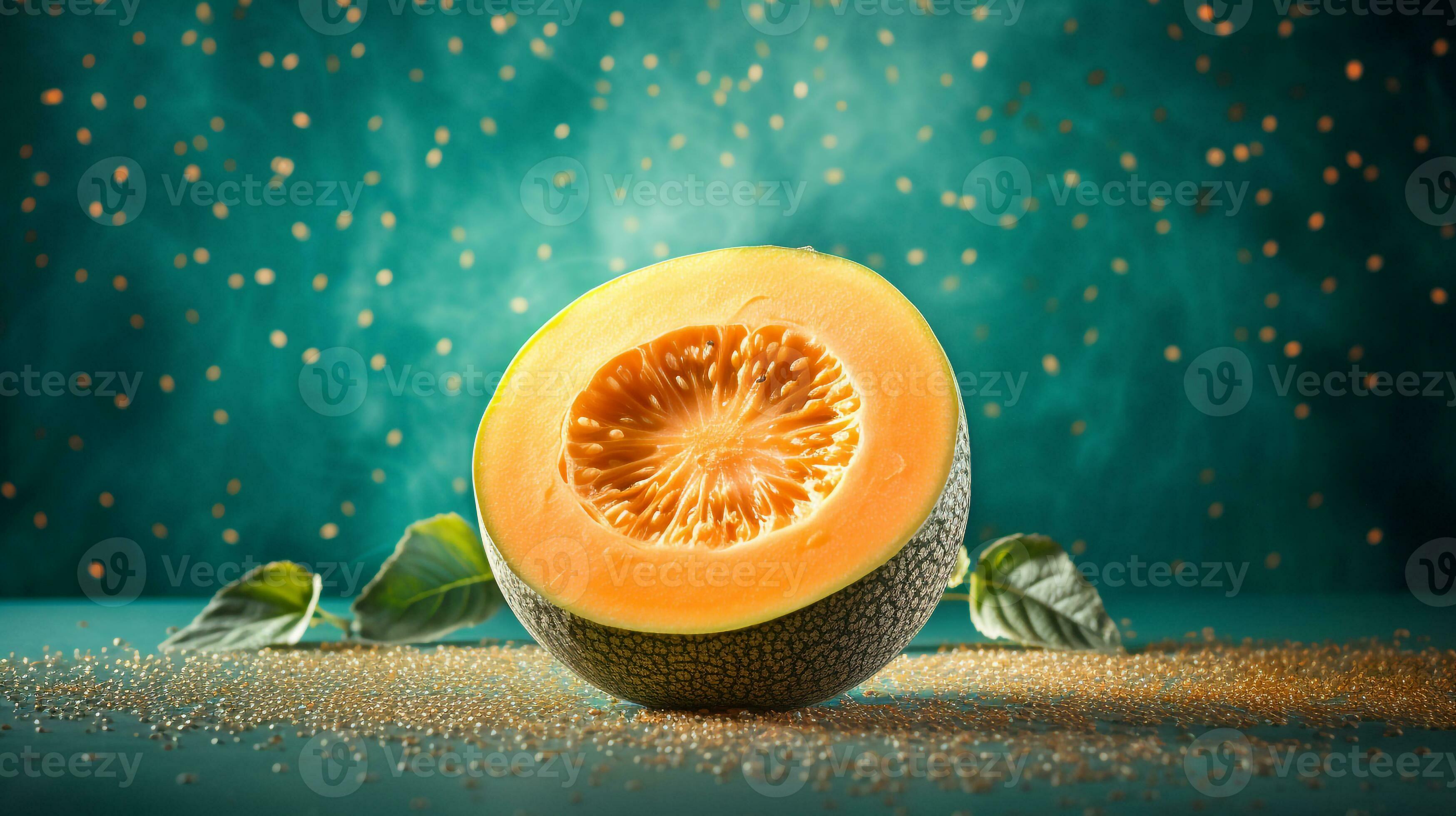 Photo of Cantaloupe fruit half against a colorful abstract background