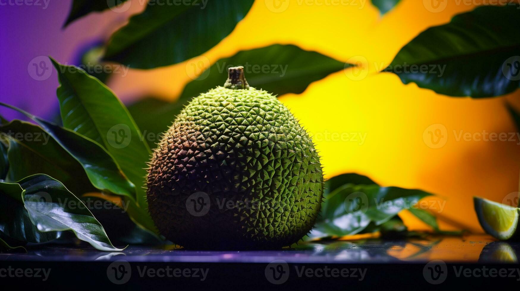 Photo of Breadfruit half against a colorful abstract background. Generative AI