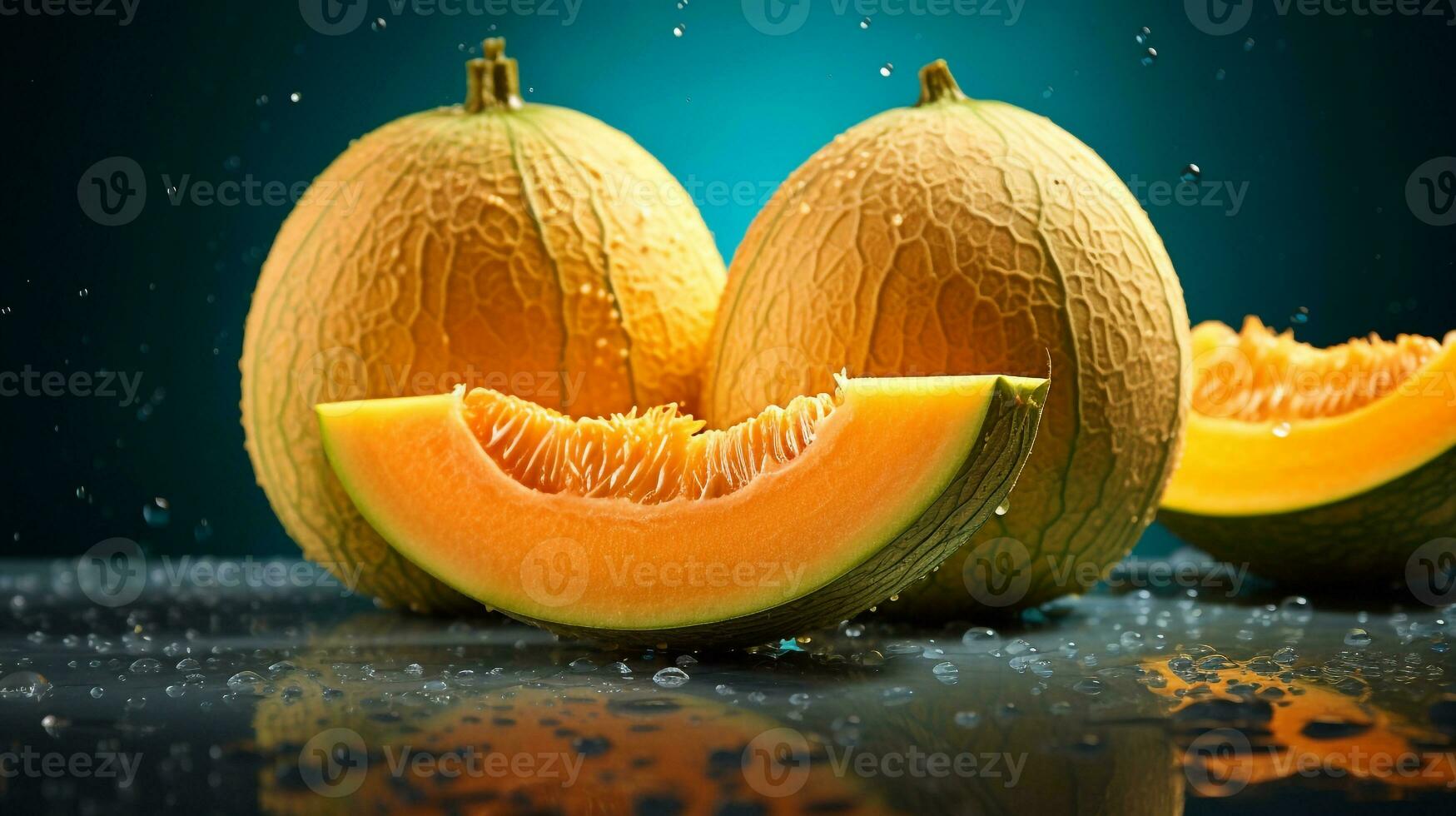 Photo of Cantaloupe fruit half against a colorful abstract background. Generative AI