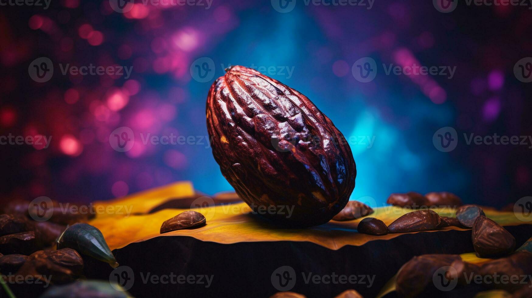 Photo of Cacao fruit half against a colorful abstract background. Generative AI