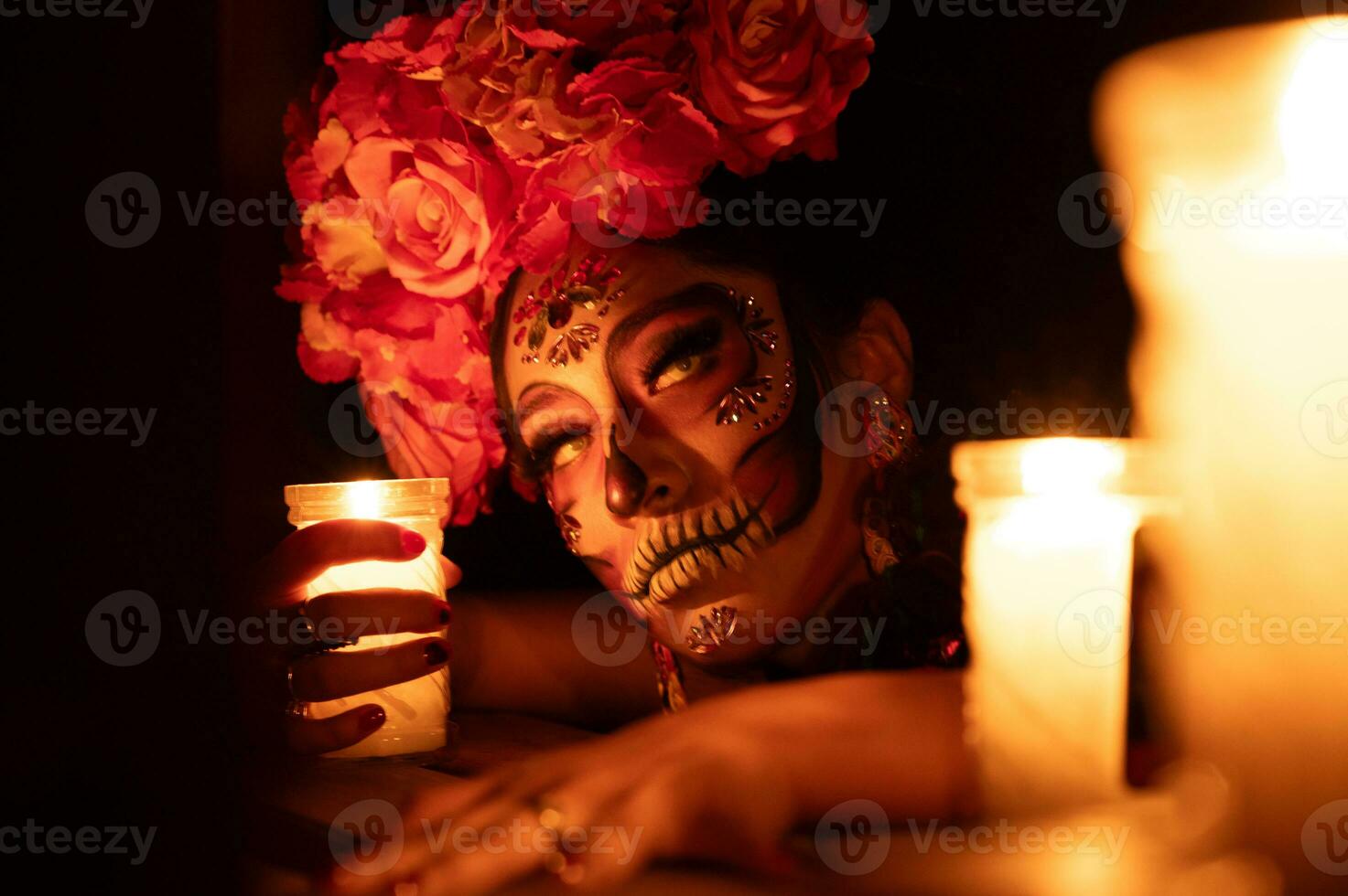 Calavera catrina sentado en un trono. azúcar cráneo constituir. dia Delaware los muertos. día de el muerto. Víspera de Todos los Santos. foto