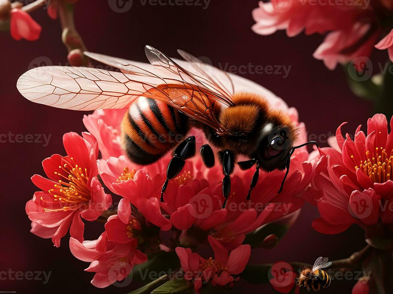 Crimson blossom, a bee Background. Generative Ai photo